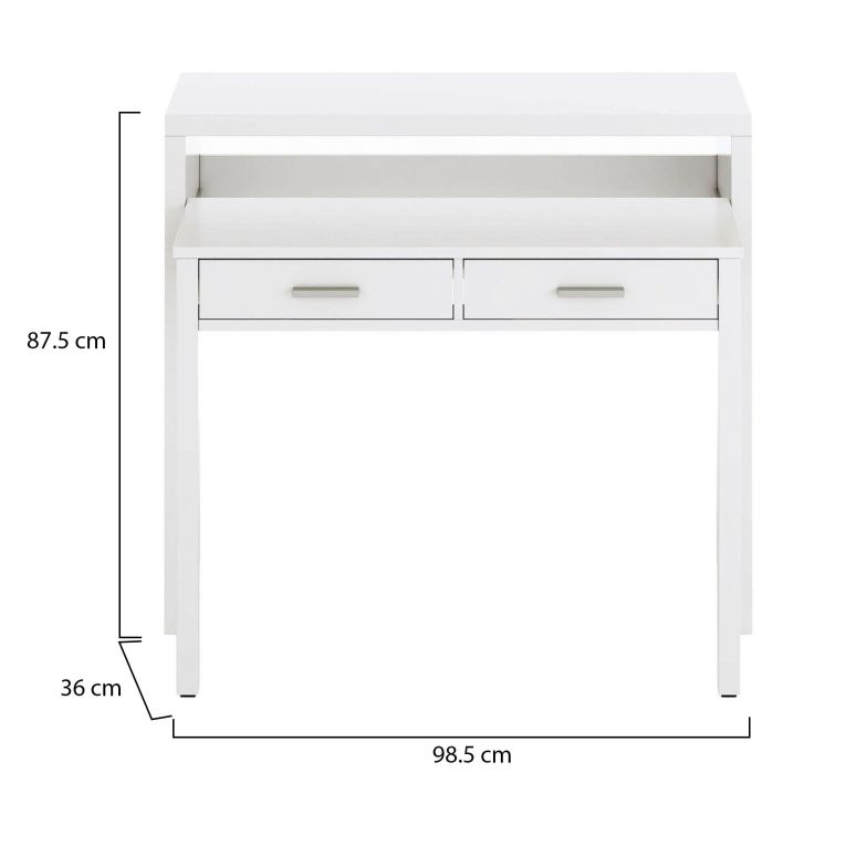 Consolle Billings, Scrivania con piano estensibile, Scrittoio porta PC con 2 cassetti, 99x36h88 cm, Bianco
