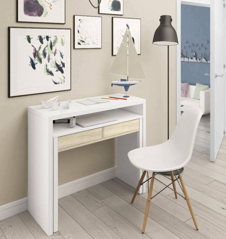 Consolle Billings, Scrivania con piano estensibile, Scrittoio porta PC con 2 cassetti, 99x36h88 cm, Bianco e Rovere