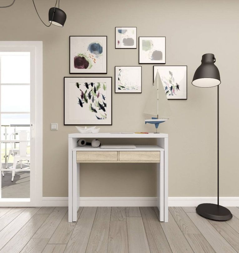 Consolle Billings, Scrivania con piano estensibile, Scrittoio porta PC con 2 cassetti, 99x36h88 cm, Bianco e Rovere
