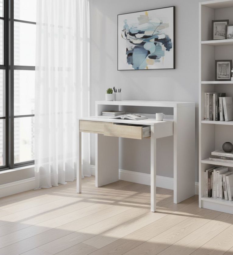 Consolle Billings, Scrivania con piano estensibile, Scrittoio porta PC con 2 cassetti, 99x36h88 cm, Bianco e Rovere