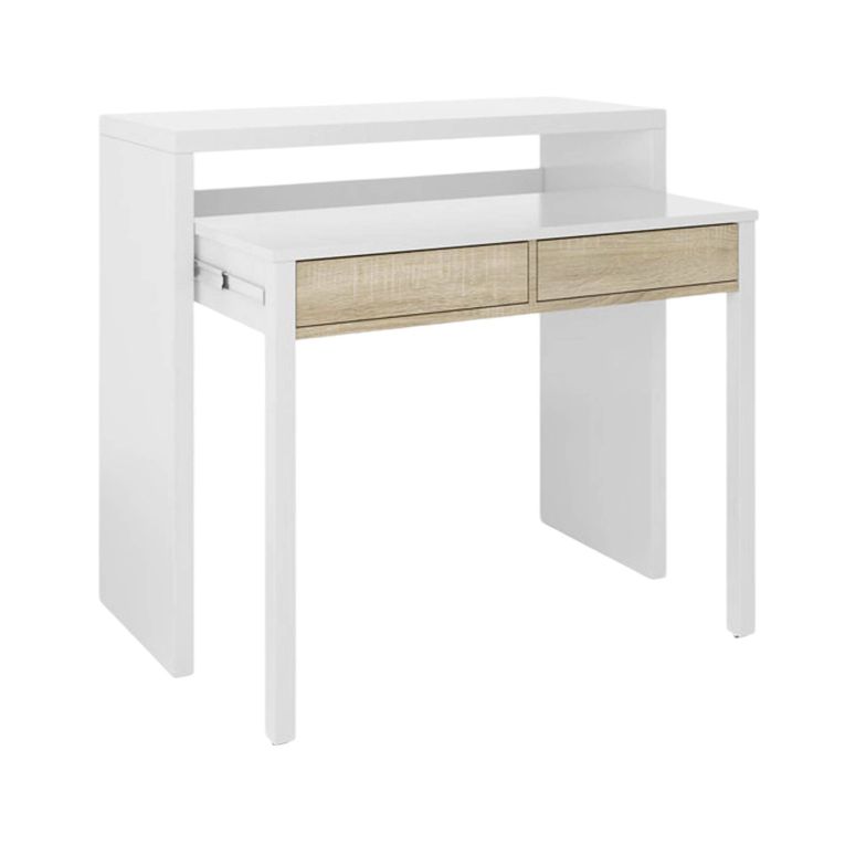 Consolle Billings, Scrivania con piano estensibile, Scrittoio porta PC con 2 cassetti, 99x36h88 cm, Bianco e Rovere