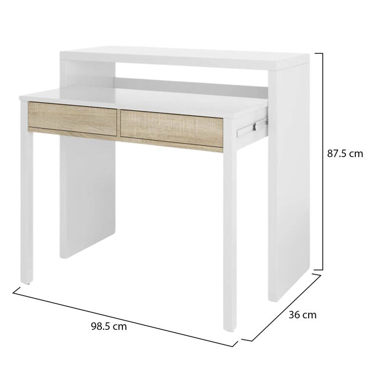 Consolle Billings, Scrivania con piano estensibile, Scrittoio porta PC con 2 cassetti, 99x36h88 cm, Bianco e Rovere
