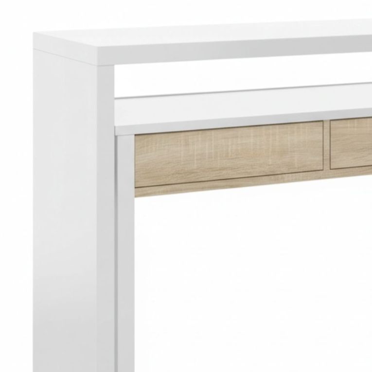 Consolle Billings, Scrivania con piano estensibile, Scrittoio porta PC con 2 cassetti, 99x36h88 cm, Bianco e Rovere