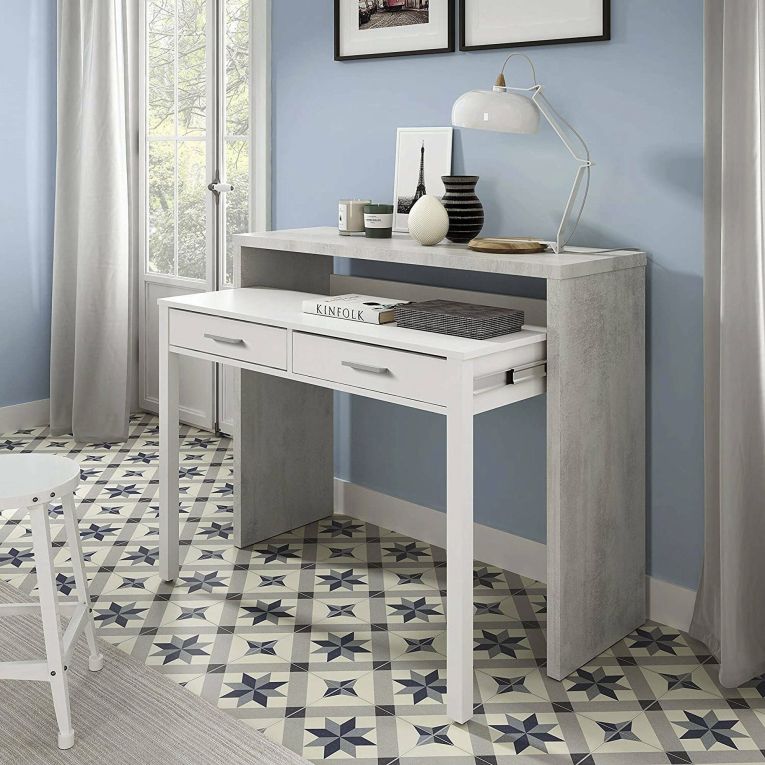 Consolle Billings, Scrivania con piano estensibile, Scrittoio porta PC con 2 cassetti, 99x36h88 cm, Cemento e Bianco