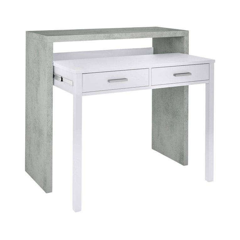 Consolle Billings, Scrivania con piano estensibile, Scrittoio porta PC con 2 cassetti, 99x36h88 cm, Cemento e Bianco