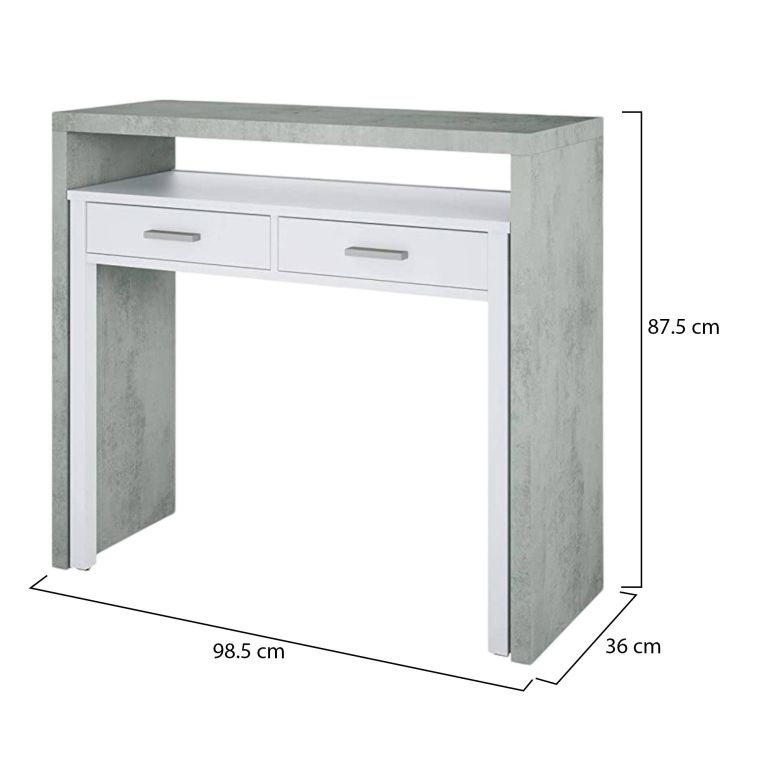Consolle Billings, Scrivania con piano estensibile, Scrittoio porta PC con 2 cassetti, 99x36h88 cm, Cemento e Bianco