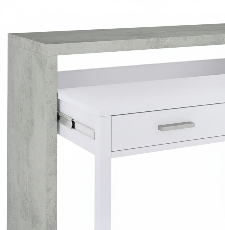 Consolle Billings, Scrivania con piano estensibile, Scrittoio porta PC con 2 cassetti, 99x36h88 cm, Cemento e Bianco