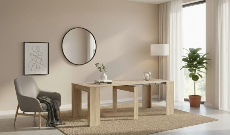 Consolle Compton, Tavolo da pranzo allungabile, Tavolo con allunghe multiuso estensibile fino a 10 posti, 51-237x90h78 cm, Rovere