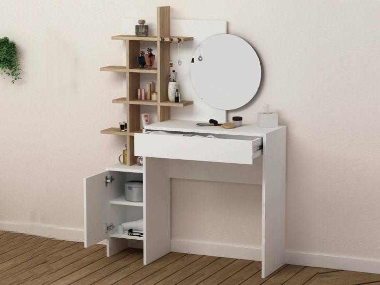 Consolle con specchio 35x35x151h cm bianco e quercia - Pago