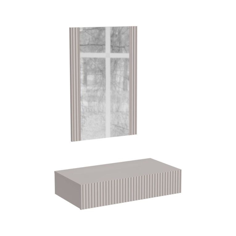 Consolle Fafe, Entratina sospesa con specchio, Design moderno con effetto cannettato, 80x42 h97 cm, Beige