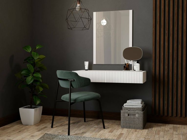 Consolle Fafe, Entratina sospesa con specchio, Design moderno con effetto cannettato, 80x42 h97 cm, Bianco