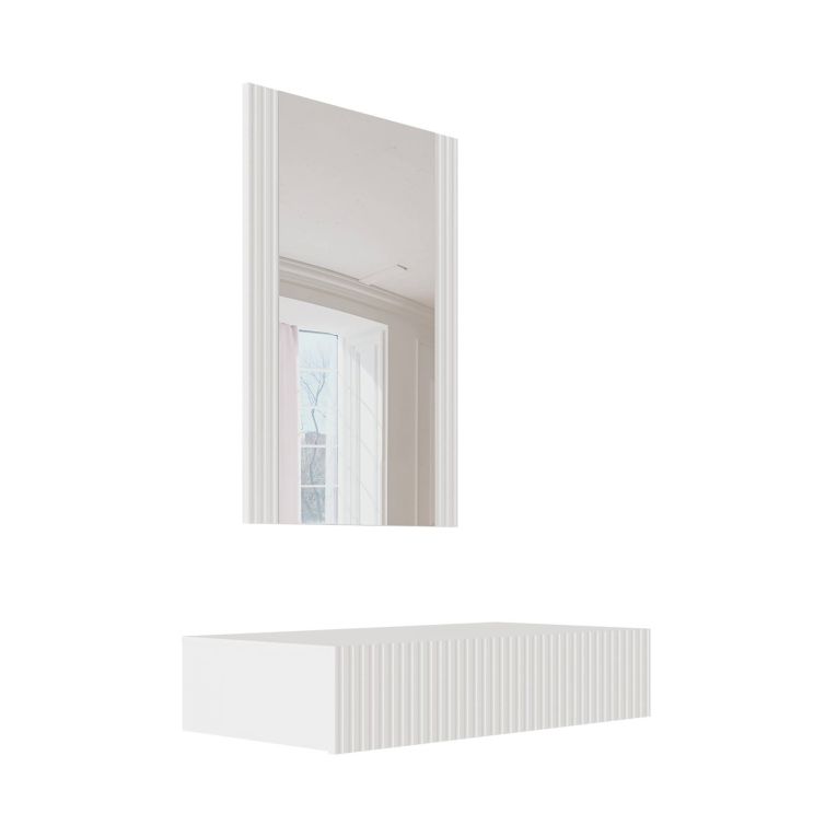 Consolle Fafe, Entratina sospesa con specchio, Design moderno con effetto cannettato, 80x42 h97 cm, Bianco