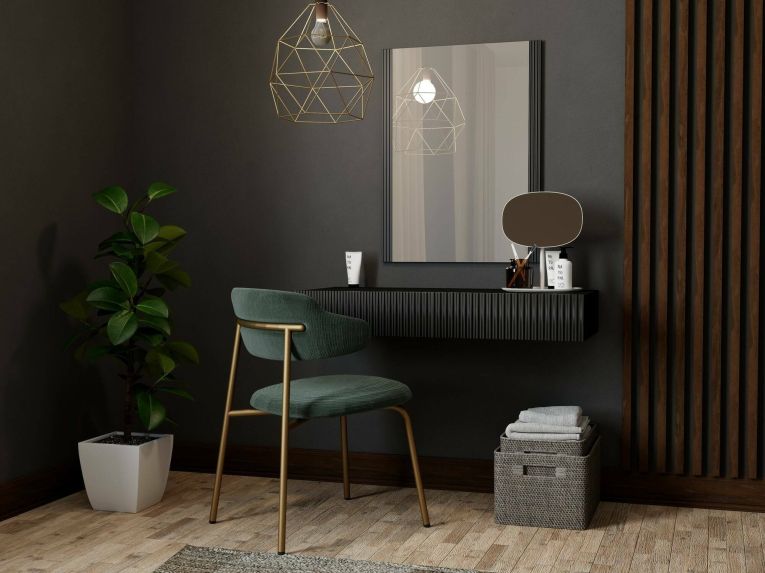Consolle Fafe, Entratina sospesa con specchio, Design moderno con effetto cannettato, 80x42 h97 cm, Nero