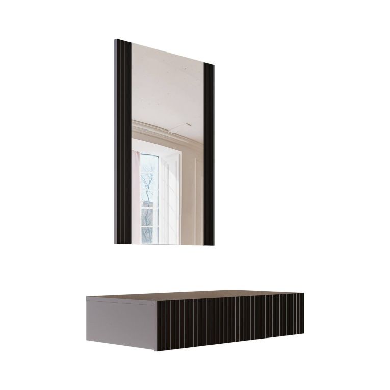 Consolle Fafe, Entratina sospesa con specchio, Design moderno con effetto cannettato, 80x42 h97 cm, Nero