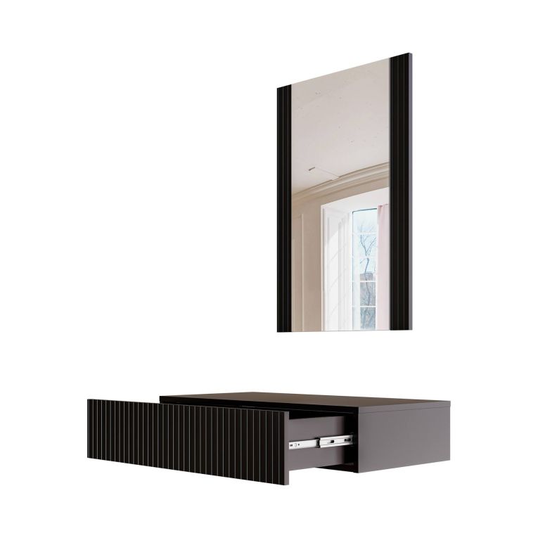 Consolle Fafe, Entratina sospesa con specchio, Design moderno con effetto cannettato, 80x42 h97 cm, Nero