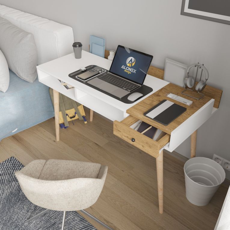 Consolle Marrone Rovere Bianco un Ripiano 2 Vani 120x53x72h cm, Colore Ripiano Bianco - Carugo