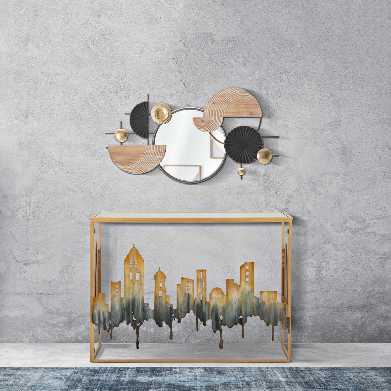 Consolle oro Grigio un Ripiano Piano con Profilo di Città 110x39x81h cm, Materiale Struttura in Vetro - Elda