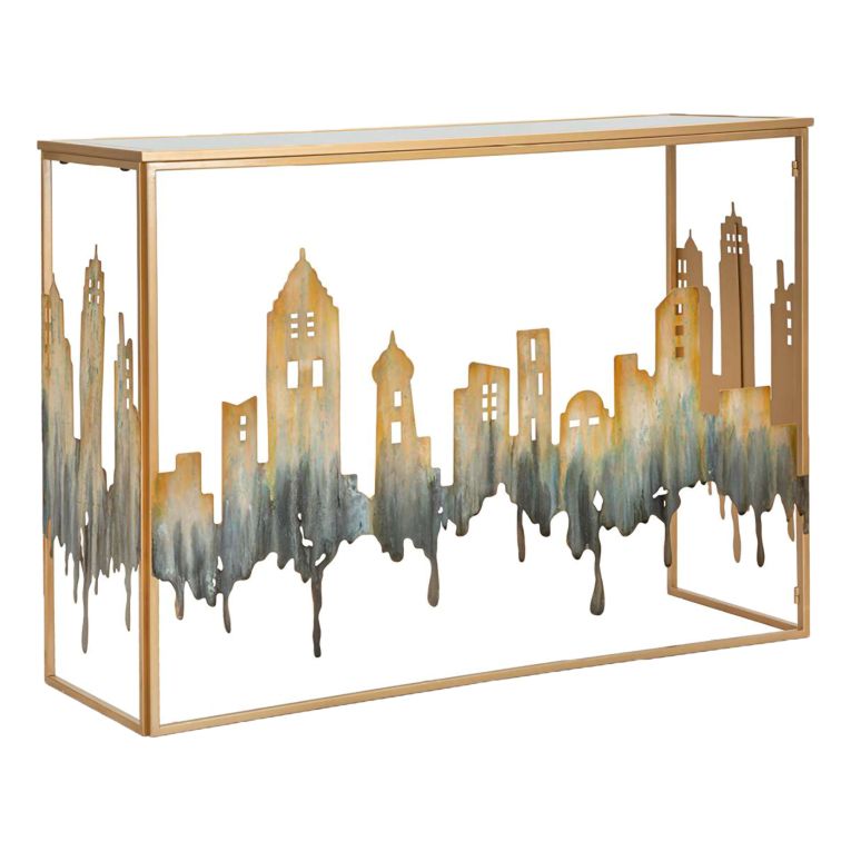 Consolle oro Grigio un Ripiano Piano con Profilo di Città 110x39x81h cm, Materiale Struttura in Vetro - Elda