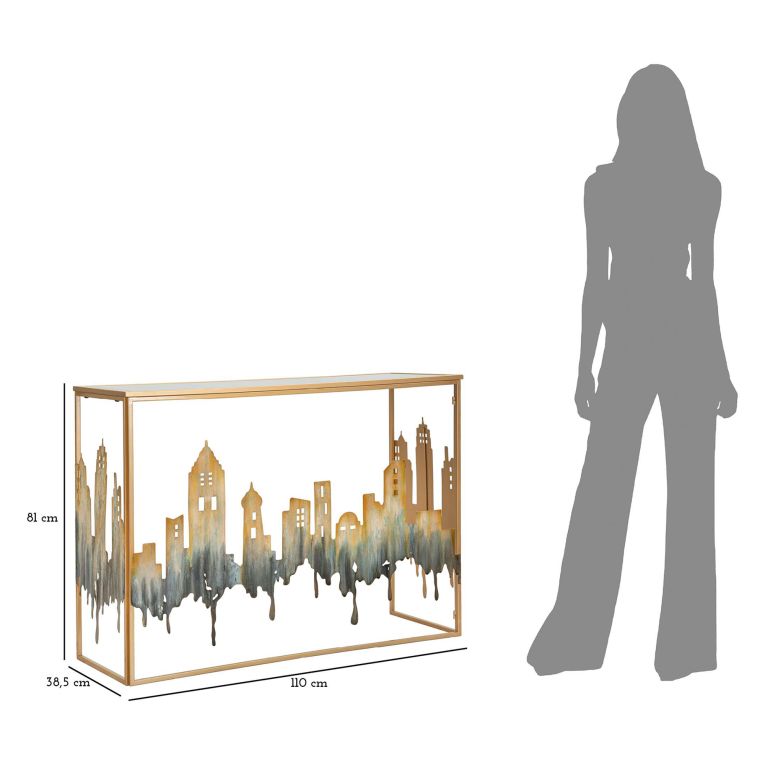 Consolle oro Grigio un Ripiano Piano con Profilo di Città 110x39x81h cm, Materiale Struttura in Vetro - Elda