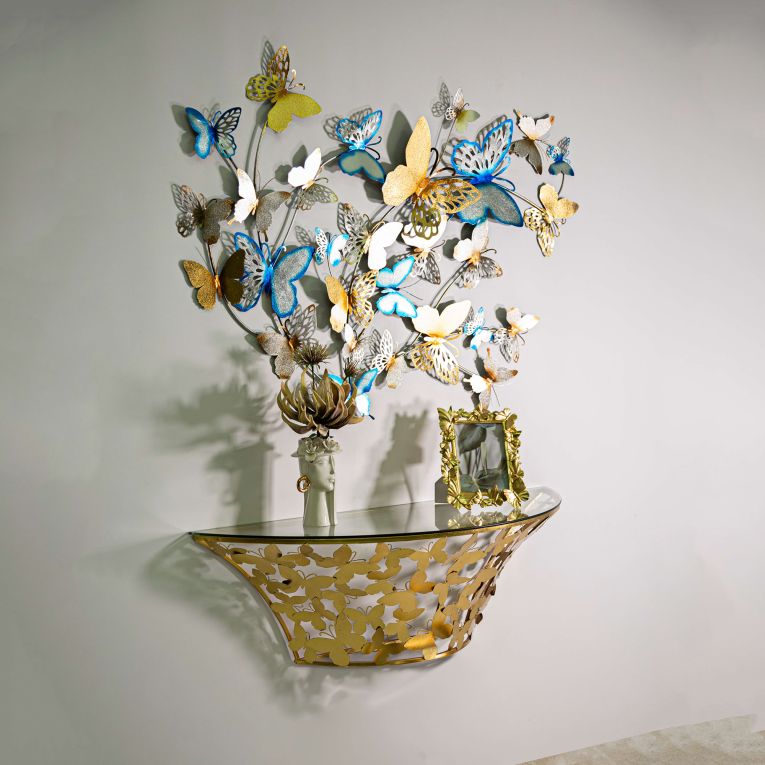 Consolle oro Trasparente un Ripiano Base con Decorazione con Farfalle 120x41x37h cm, Materiale Struttura in Vetro - Azrou