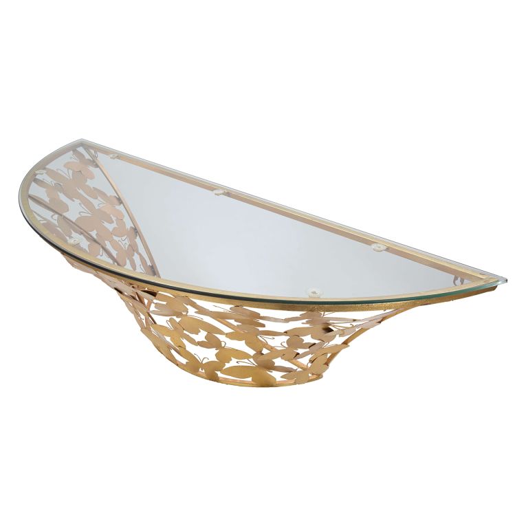 Consolle oro Trasparente un Ripiano Base con Decorazione con Farfalle 120x41x37h cm, Materiale Struttura in Vetro - Azrou