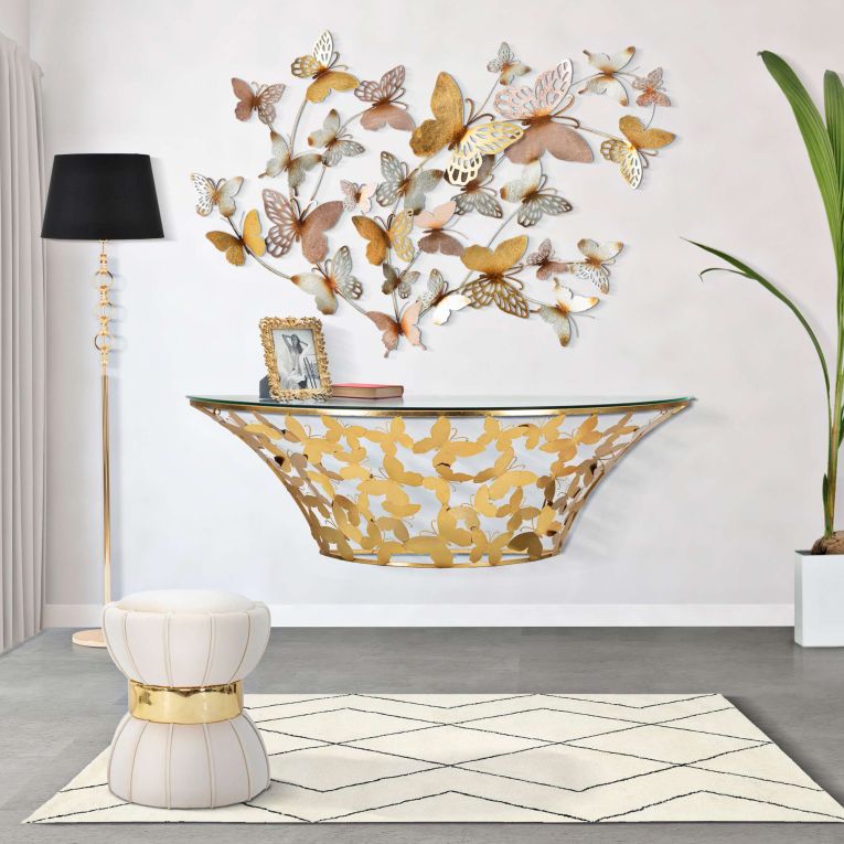 Consolle oro Trasparente un Ripiano Base con Decorazione con Farfalle 120x41x37h cm, Materiale Struttura in Vetro - Azrou