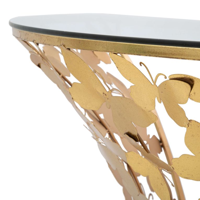 Consolle oro Trasparente un Ripiano Base con Decorazione con Farfalle 120x41x37h cm, Materiale Struttura in Vetro - Azrou
