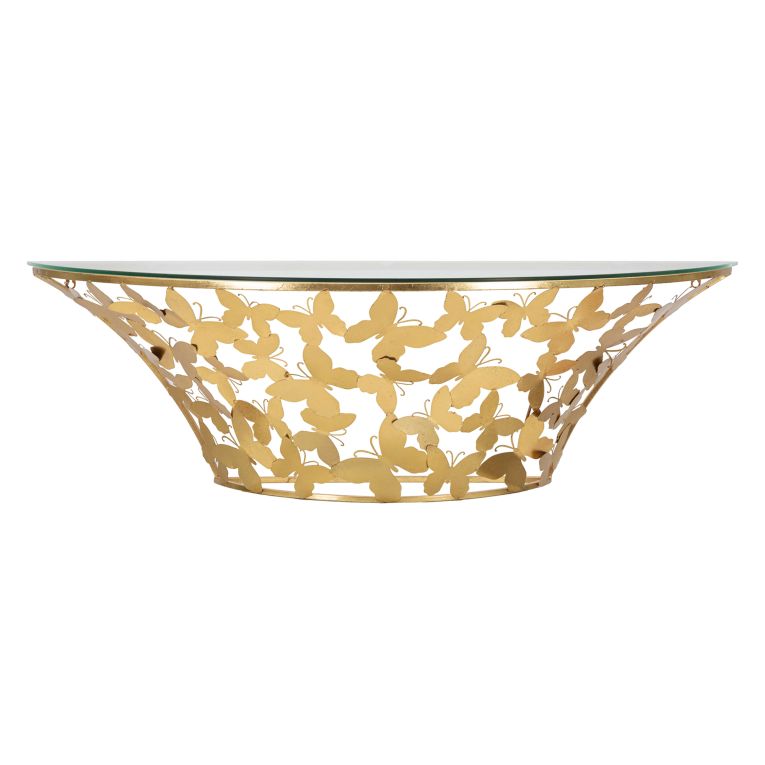 Consolle oro Trasparente un Ripiano Base con Decorazione con Farfalle 120x41x37h cm, Materiale Struttura in Vetro - Azrou