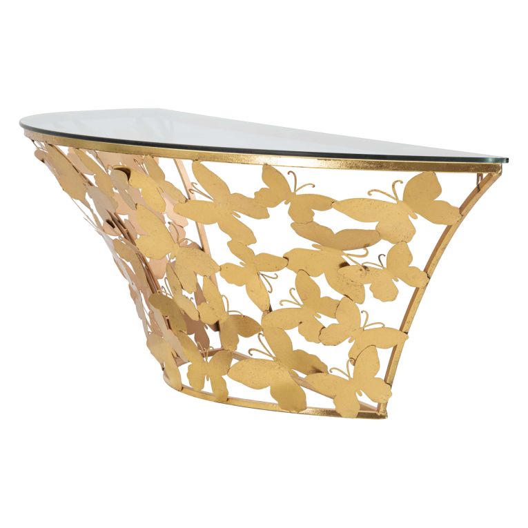 Consolle oro Trasparente un Ripiano Base con Decorazione con Farfalle 120x41x37h cm, Materiale Struttura in Vetro - Azrou