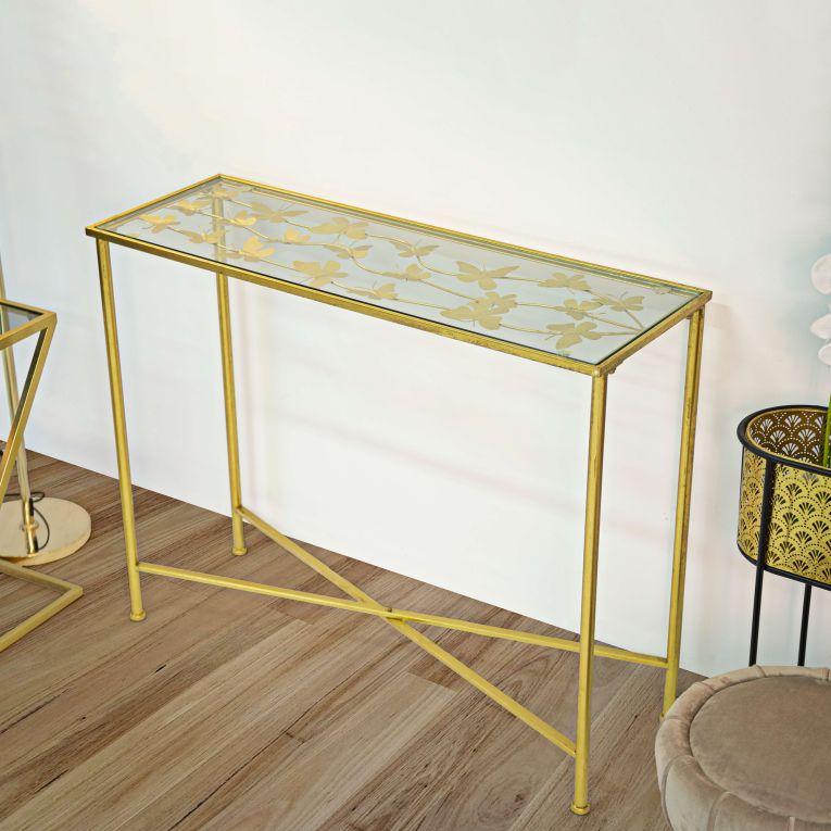 Consolle oro Trasparente un Ripiano Piano con Decorazione con Farfalle 100x35x80h cm, Materiale Struttura in Vetro - Meknes