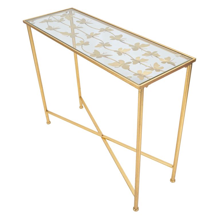 Consolle oro Trasparente un Ripiano Piano con Decorazione con Farfalle 100x35x80h cm, Materiale Struttura in Vetro - Meknes