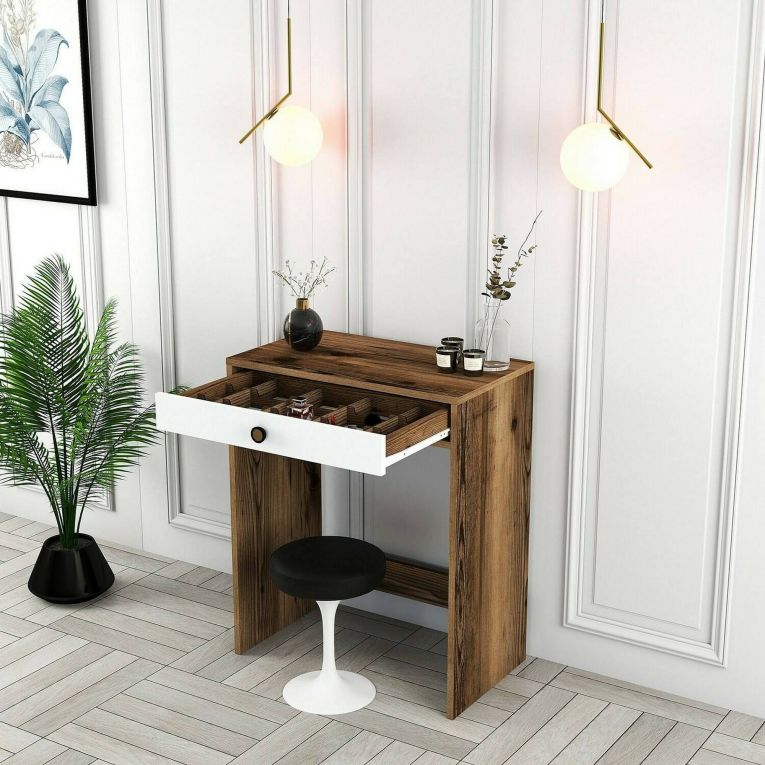 Consolle Solstice, Tavolo allungabile multiuso, Consolle ingresso, Ripiano con allunghe, 70x85h40 cm, Noce e Bianco
