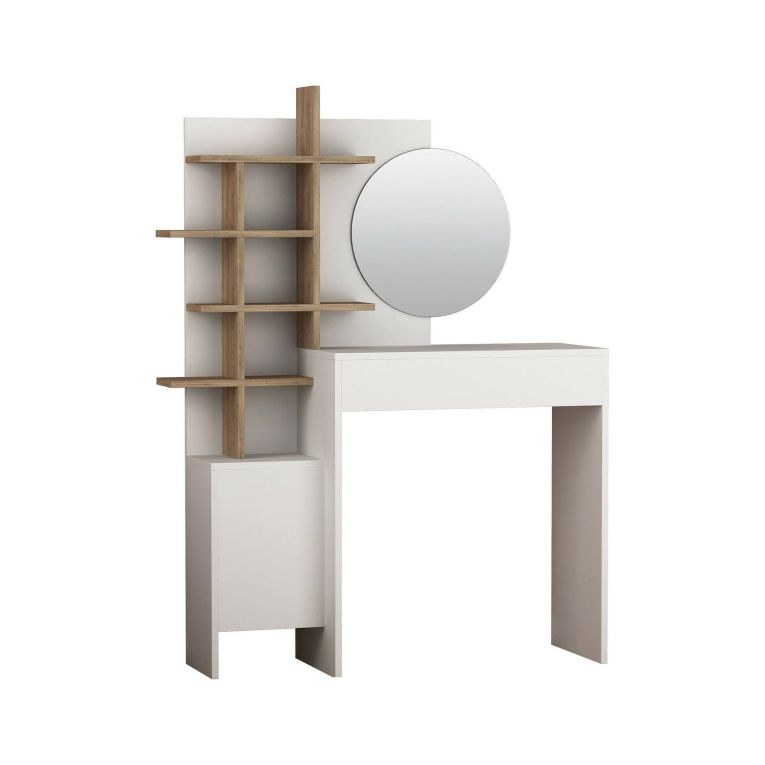 Consolle Thalassius, Tavolo multiuso, Mobiletto d'appoggio, Scrivania da corridoio, 35x35 h151 cm, Bianco e Quercia