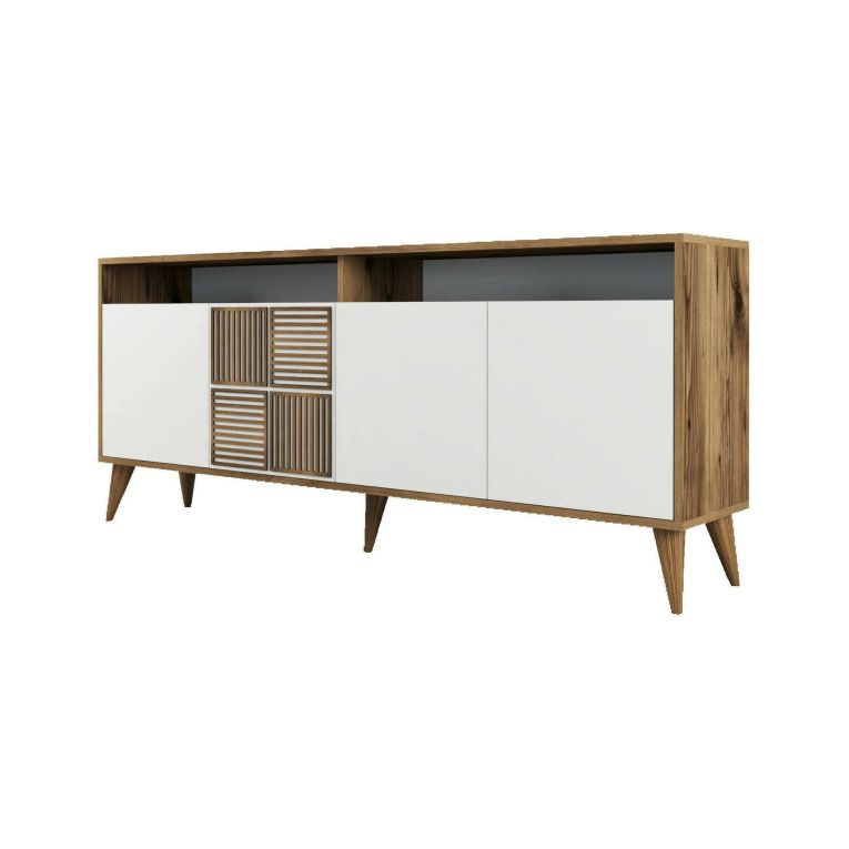 Consolle Virgo, Tavolo allungabile multiuso, Consolle ingresso, Ripiano con allunghe, 180x35h79 cm, Noce e Bianco
