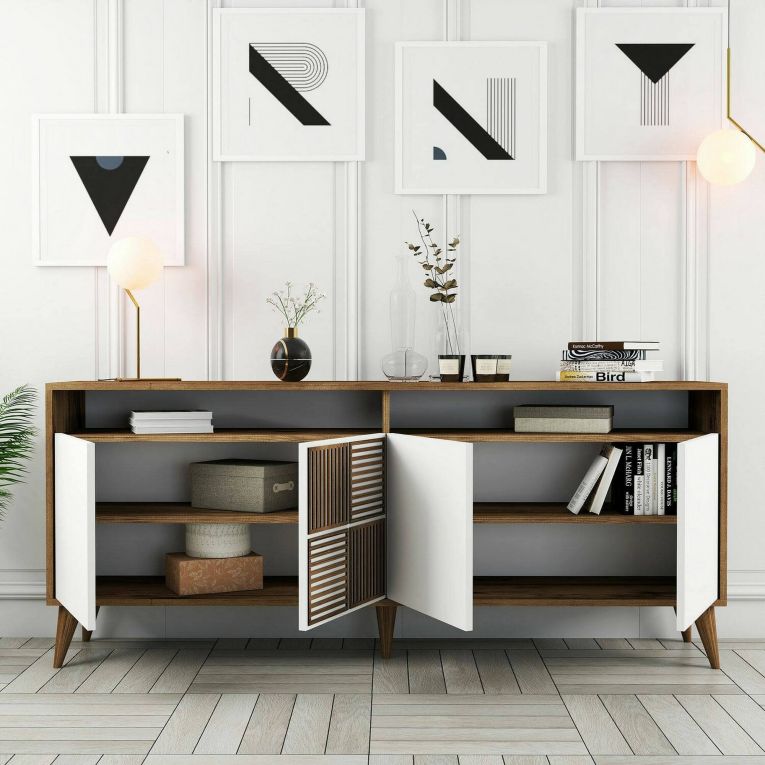 Consolle Virgo, Tavolo allungabile multiuso, Consolle ingresso, Ripiano con allunghe, 180x35h79 cm, Noce e Bianco