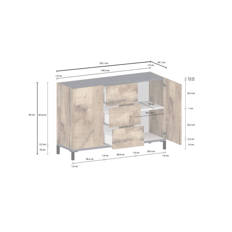 Credenza acero e ardesia 120x40x80h cm 2 ante e 3 cassetti - Jessie