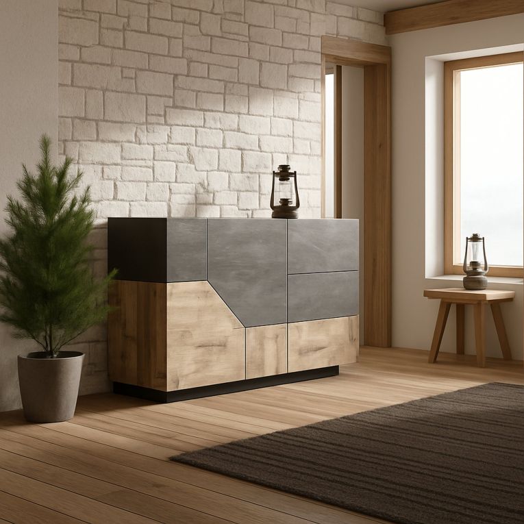 Credenza acero e ardesia 141x43x86h cm 2 ante e 3 cassetti - All