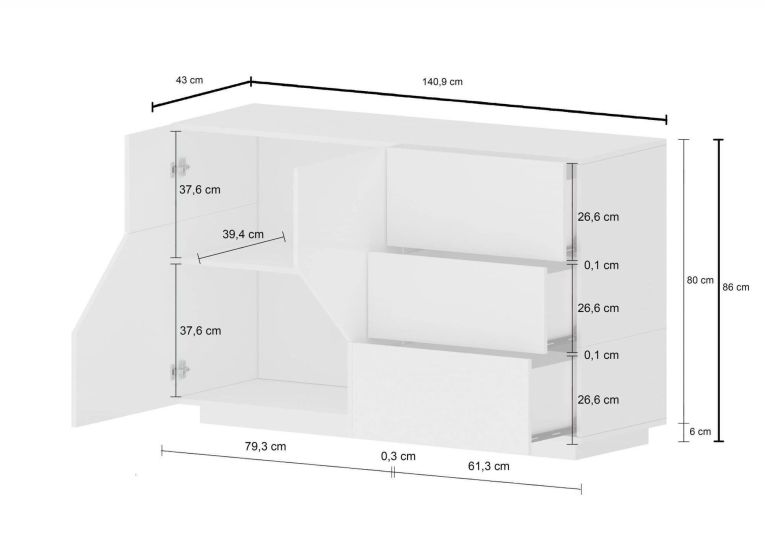 Credenza acero e ardesia 141x43x86h cm 2 ante e 3 cassetti - All