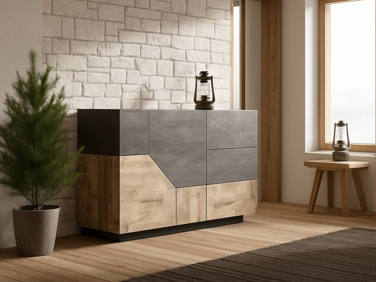 Credenza acero e ardesia 141x43x86h cm 2 ante e 3 cassetti - All