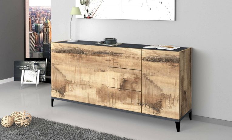 Credenza acero e ardesia 160x40x82h cm 3 ante e 3 cassetti - Abic