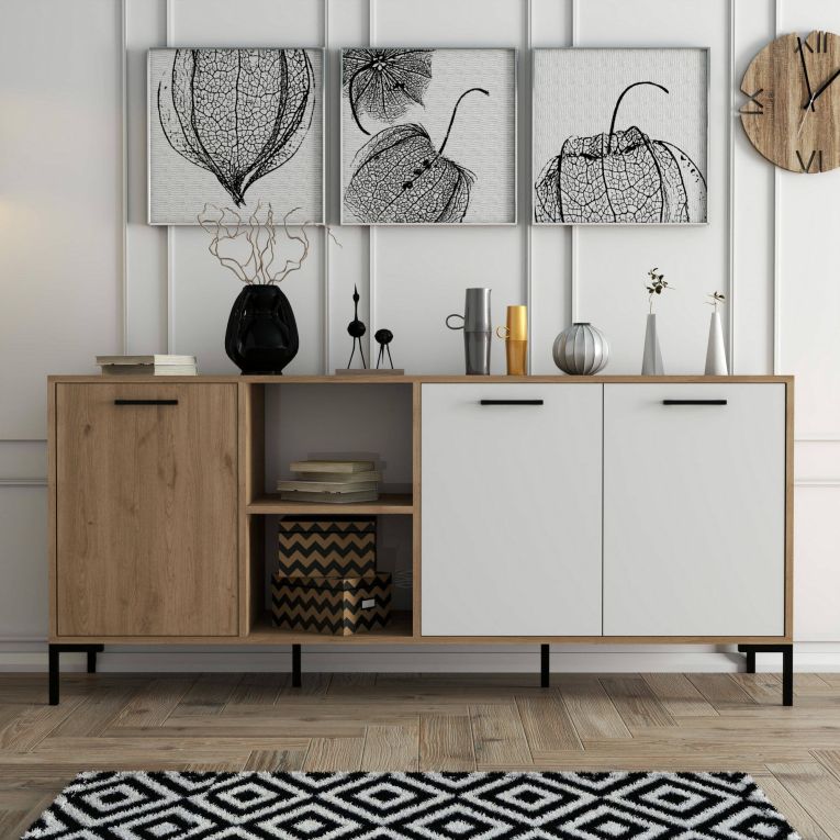Credenza Achird, Buffet da soggiorno, Madia da salotto, Dispensa da cucina, 180x45 h80 cm, Quercia e Bianco