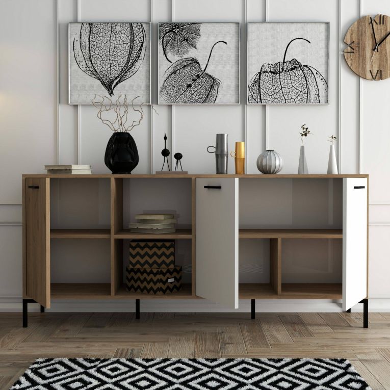 Credenza Achird, Buffet da soggiorno, Madia da salotto, Dispensa da cucina, 180x45 h80 cm, Quercia e Bianco