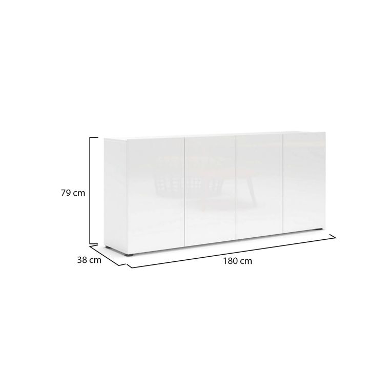 Credenza Addis, Buffet da soggiorno, Madia da salotto, Dispensa da cucina, Made in Italy, 180x38h79 cm, Bianco lucido