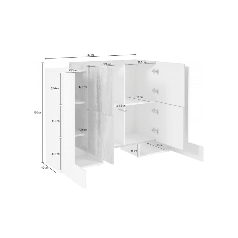Credenza Age, cm 130x45h100, Bianco lucido e Ardesia