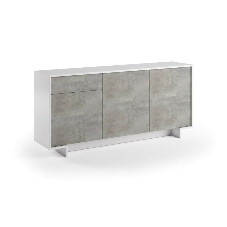 Credenza Agrifoglio, Madia da salotto,Buffet da soggiorno a 3 ante e 1 cassetto, 100% Made in Italy, 170x42h78 cm, Bianco e Cemento