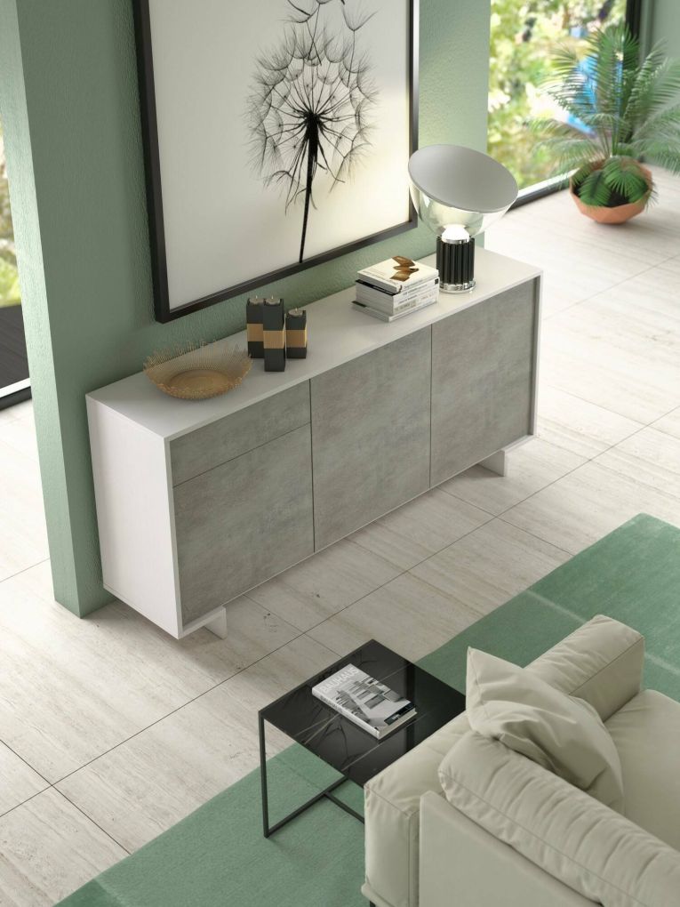 Credenza Agrifoglio, Madia da salotto,Buffet da soggiorno a 3 ante e 1 cassetto, 100% Made in Italy, 170x42h78 cm, Bianco e Cemento
