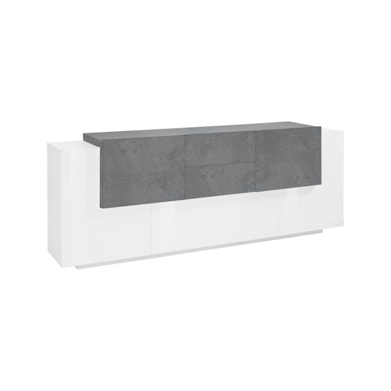 Credenza Akirum, cm 220x45h86, Bianco lucido e Ardesia