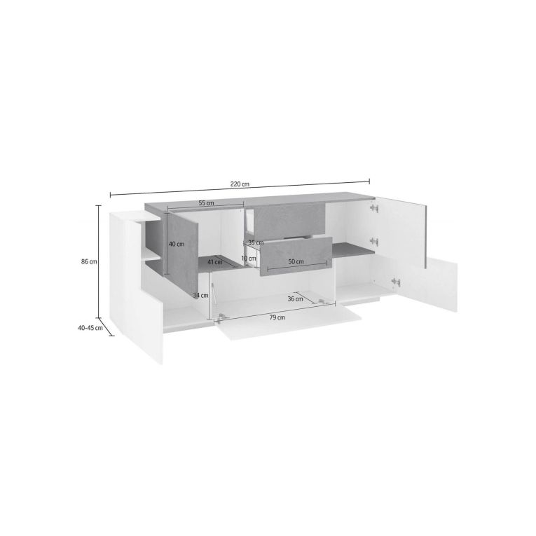 Credenza Akirum, cm 220x45h86, Bianco lucido e Ardesia