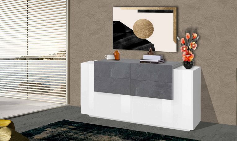 Credenza Alberto, Madia da cucina a 2 ante e 4 cassetti, Buffet da soggiorno, Madia da cucina, 100% Made in Italy, cm 160x45h86, Bianco lucido e Ardesia