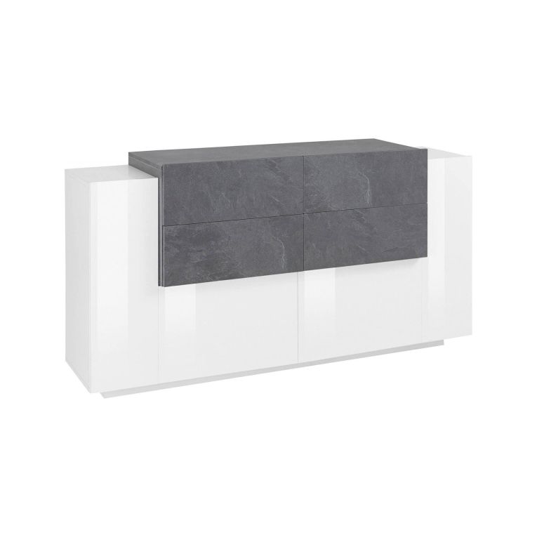 Credenza Alberto, Madia da cucina a 2 ante e 4 cassetti, Buffet da soggiorno, Madia da cucina, 100% Made in Italy, cm 160x45h86, Bianco lucido e Ardesia